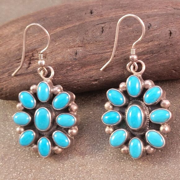 Sterling Zuni Native American Sleeping Beauty Blue Turquoise Drop Earrings - Picture 3 of 8